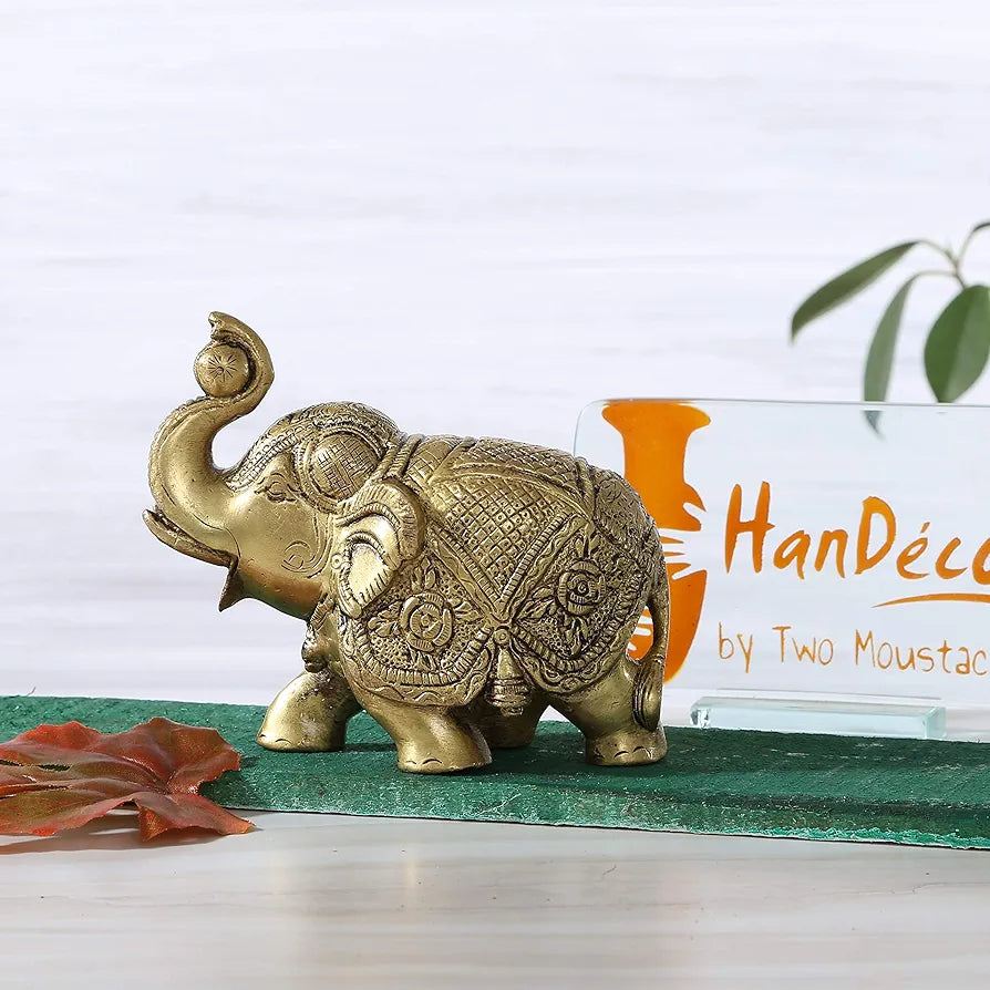 Two Moustaches Maharaja Elephant Design Brass Showpiece, Brass Showpieces for Home Decor, Elephant Idol, Housewarming Gifts, Antique Yellow, 