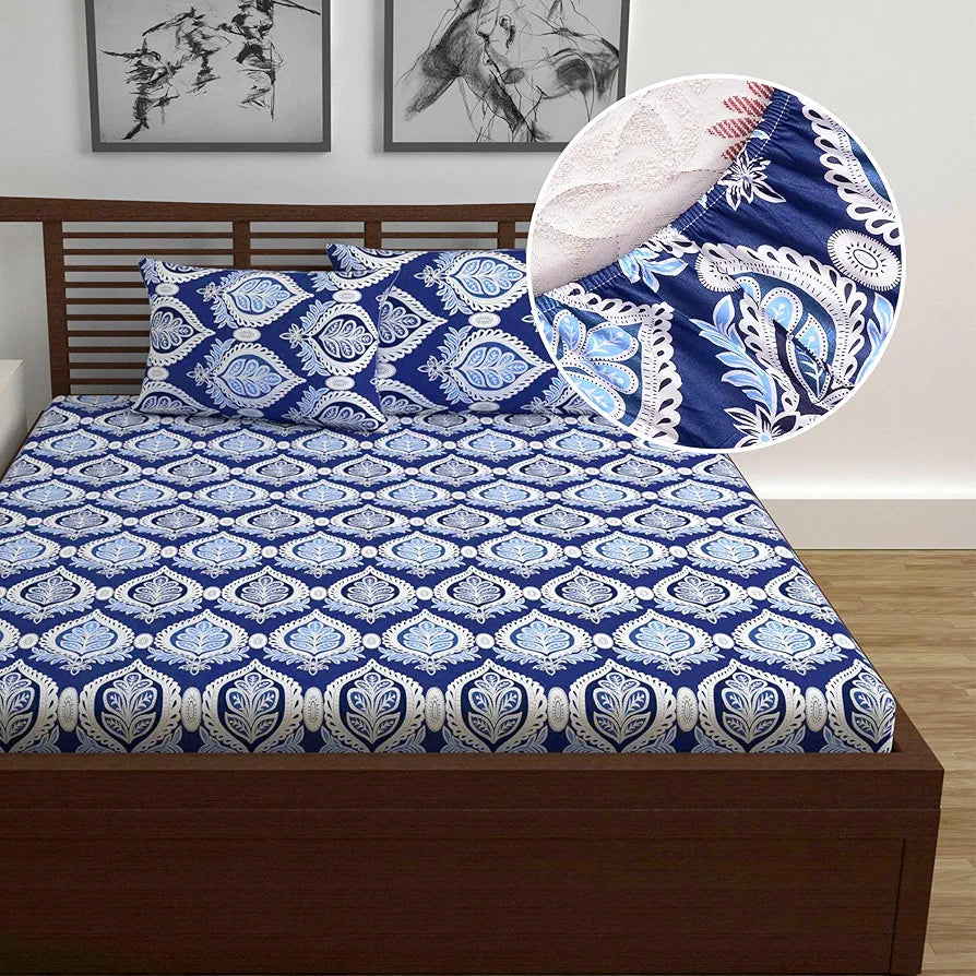 Divine Casa Cotton 100% Cotton Elastic Fitted Printed Queen Size Double Bed Bedsheet with 2 Pillow Cover