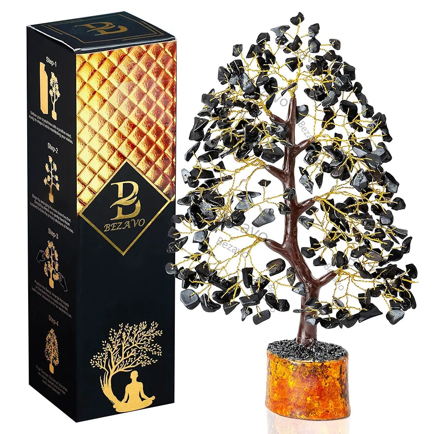 BEZAVO Black Tourmaline Crystal Tree for Healing & Prosperity | Artificial Feng Shui Money Tree for Positive Energy | Ideal Gift for Birthdays 