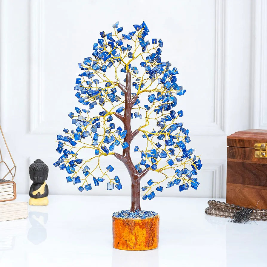 HindCraft Lapis Lazuli Crystal Tree Good Luck Showpiece for Home Decor Items Crystals Gemstones Bonsai Money Tree for Good Luck, Decoration Gift Item, Golden Wire, 10-12 inch