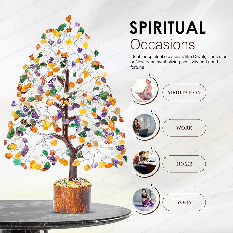 BEZAVO Mix Chakra Crystal Tree – Artificial Feng Shui Good Luck Tree for Prosperity | Decorative Tree for Living Room & Office | Ideal Gift for Men & Women – Wedding, Anniversary & Birthday