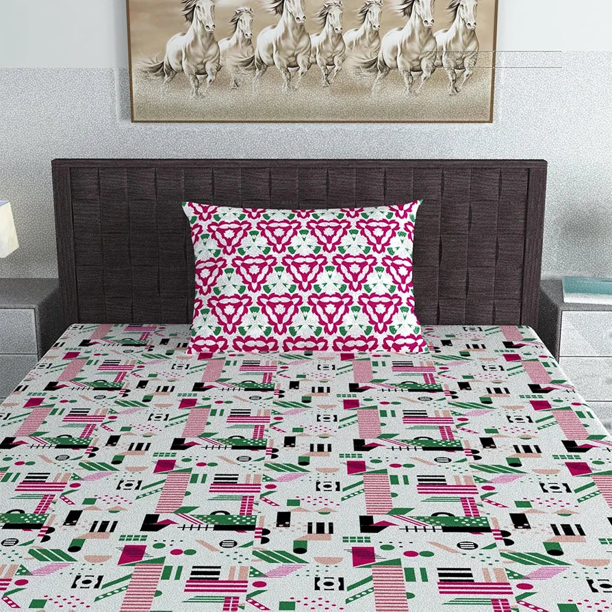 Divine Casa Bedsheet for Single Size Bed 144 TC Cotton Bedsheet for Single Size Bed with 1 Pillow Cover  Abstract Pink & White Cotton Bedsheet