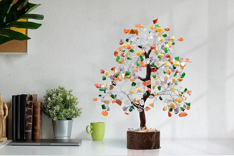 Reikved Mix Chakra Crystal Natural Gemstone Mix Chakra Silver Bonsai Money Tree with Chakra Bracelet for Reiki Healing Good Luck, Home, Office Decor 300 Beads, Size 10-12 Inches