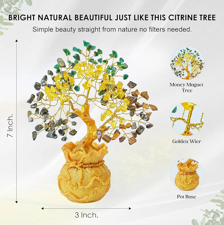 ZAICUS Money Magnet Crystal Tree – Home & Office Decor Feng Shui Tree with Golden Pot – Gemstone Bonsai for Wealth & Success - Healing Crystals Gift for Positivity - 