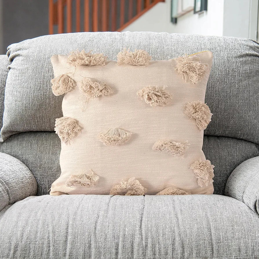 SASHAA WORLD Natural Elegance Cushion Cover | Tufted Pom-Pom Delight Cushion Cover for Living Room/Bed/Sofa/Chair | 45X45 Cm