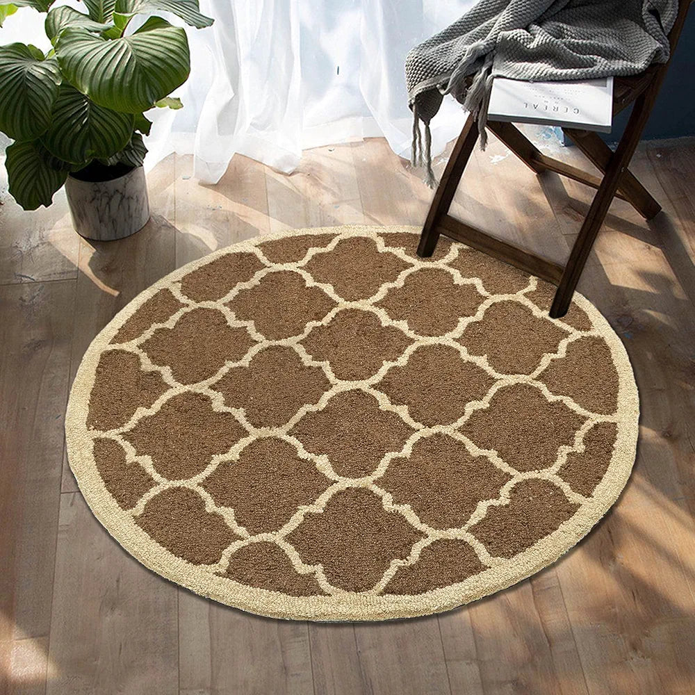 THE HOME TALK Tufted Round Wool Carpet for Living Room, Bed Room, Hall, Coffee Table | Hand Tufted Rugs | Home Decoratives | 4 Feet Diameter | Brown Quatrefoil