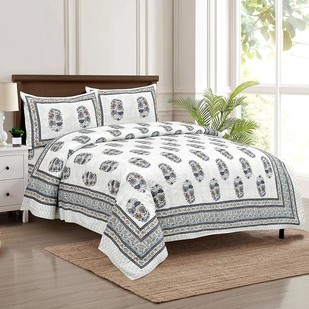 Kuber Industries Double Bedsheet with 2 Pillow Covers | 160 TC Premium Cotton Bedsheet for Double Bed | Bedsheet for Living Room-Home & Hotels | Dezier Flower Boota | 90x108 Inch | Blue