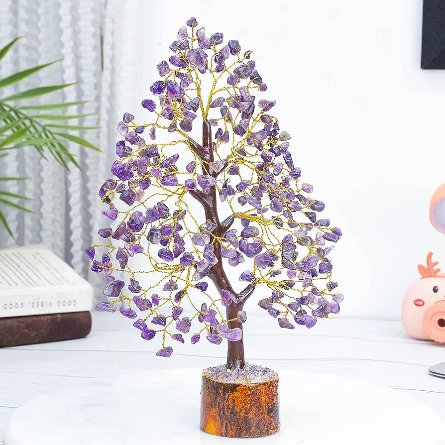 HindCraft Amethyst Chakra Crystal Tree Good Luck Showpiece for Home Decor Items Crystals Gemstones Bonsai Money Tree for Good Luck, Decoration Gift Item, Golden Wire, 10-12 inch