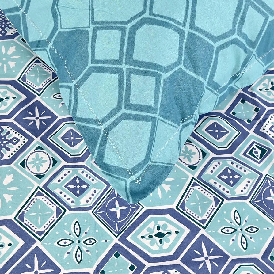 Divine Casa 144 TC 100% Pure Cotton Single Size Bedsheet with 1 Pillow Cover | Soft, Durable & Skin-Friendly Fabric for All-Season Comfort & Use | Size 223 x 145 CM | Geo Nordic Hexa | Ice Aqua Blue