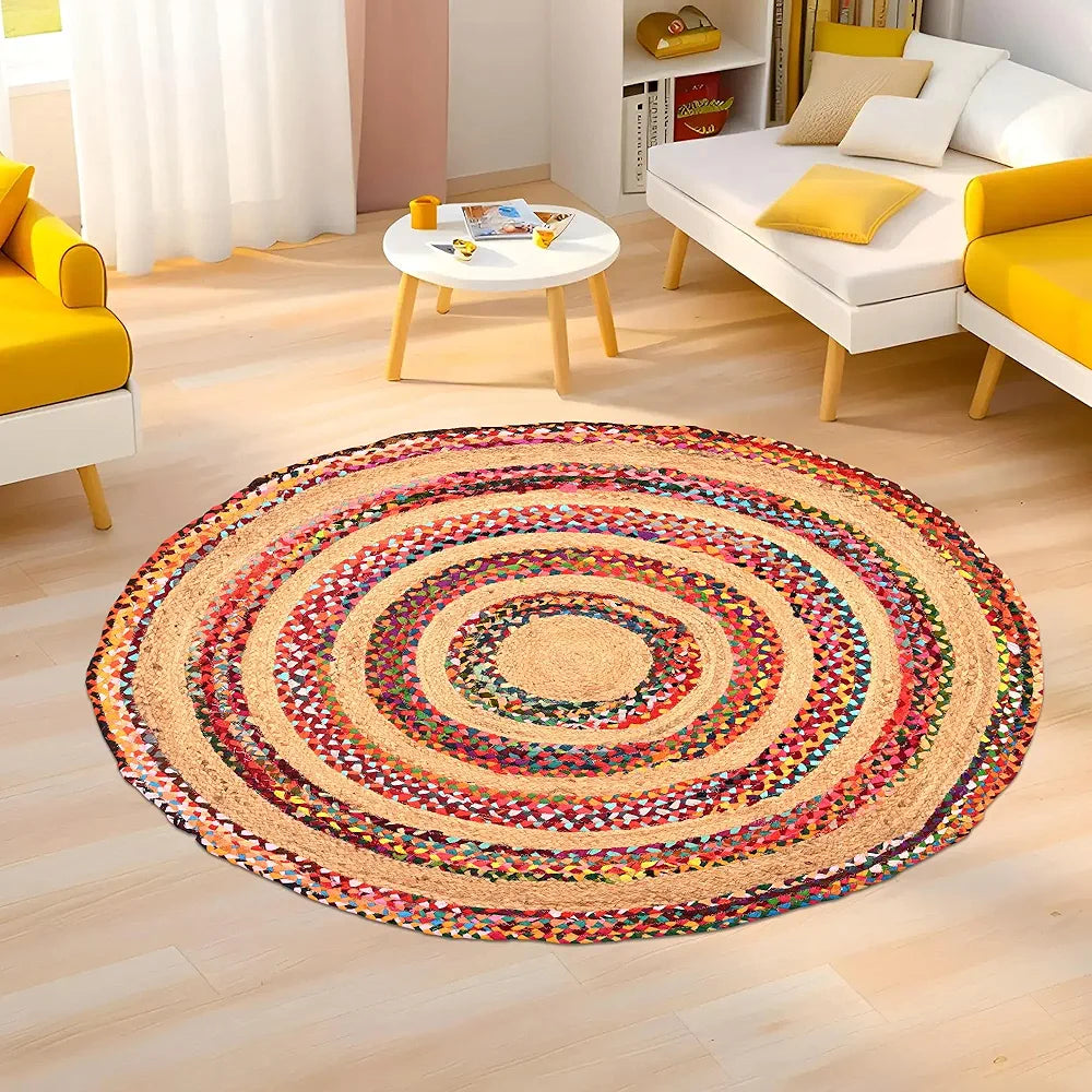 Kuber Industries 4x4 Feet Satranji Round Jute Rug & Carpet for Home & Bedroom | Non-Slip Floor Rugs for Living Room | Thick Lines - Beige