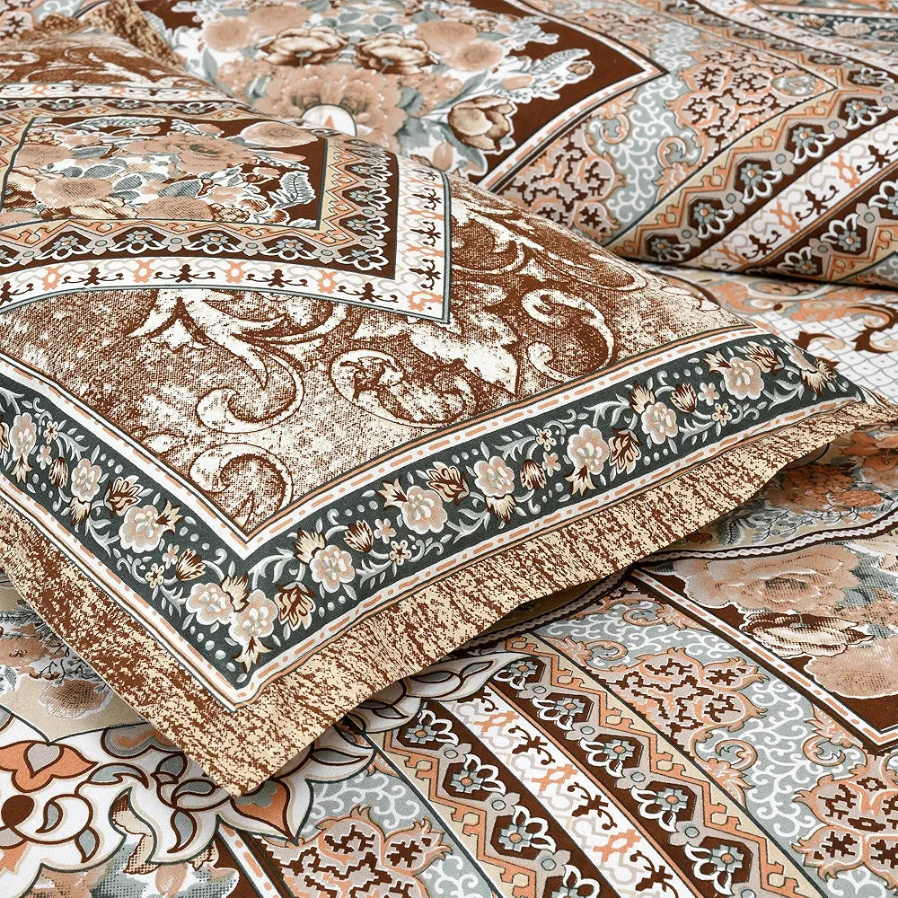 Kuber Industries Double Bedsheet with 2 Pillow Covers | 186 TC Premium Cotton Bedsheet for Double Bed | Bedsheet for Living Room-Home & Hotels | Arabic Beauty Flower Square | 100x108 Inch | Brown