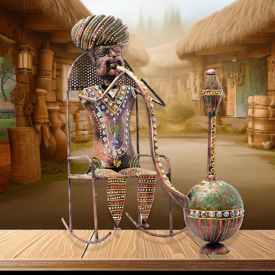 Kraftskala Ethinc Villager on Chair 16 inch Large Metal Decor Showpiece for Living Room Showcase, Tabletop Decor, Traditional Rajasthani Decorative Showpiece
