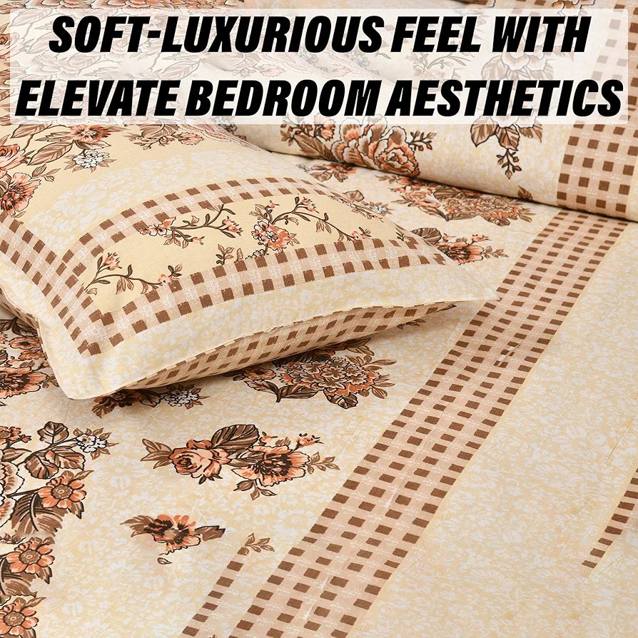 Kuber Industries Double Bedsheet with 2 Pillow Covers | 160 TC Premium Cotton Bedsheet for Double Bed | Bedsheet for Living Room-Home & Hotels | Spain Flower Lining | 100x108 Inch | Cream