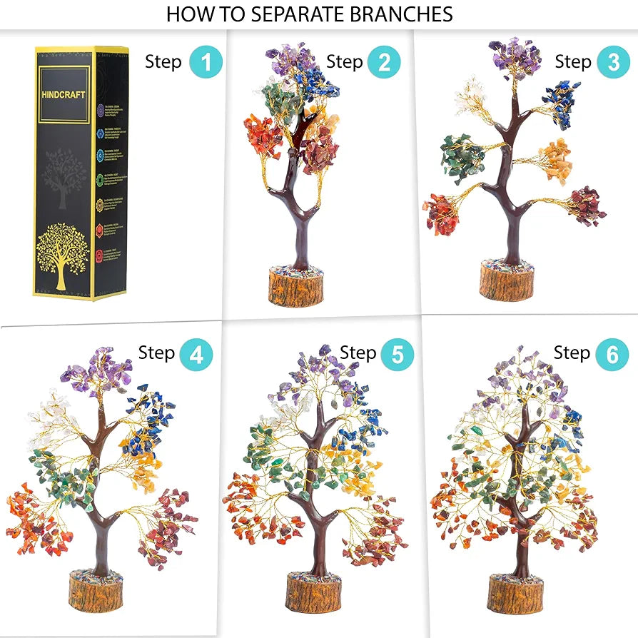 HindCraft Seven Chakra Crystal Tree Good Luck Showpiece for Home Decor Items Crystals Gemstones Bonsai Money Tree for Good Luck, Decoration Gift Item, Copper Wire, 10-12 inch