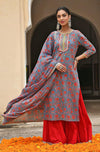 Janasya Women's Sky Blue Cotton Floral Block Print Kurta with Gharara and Dupatta