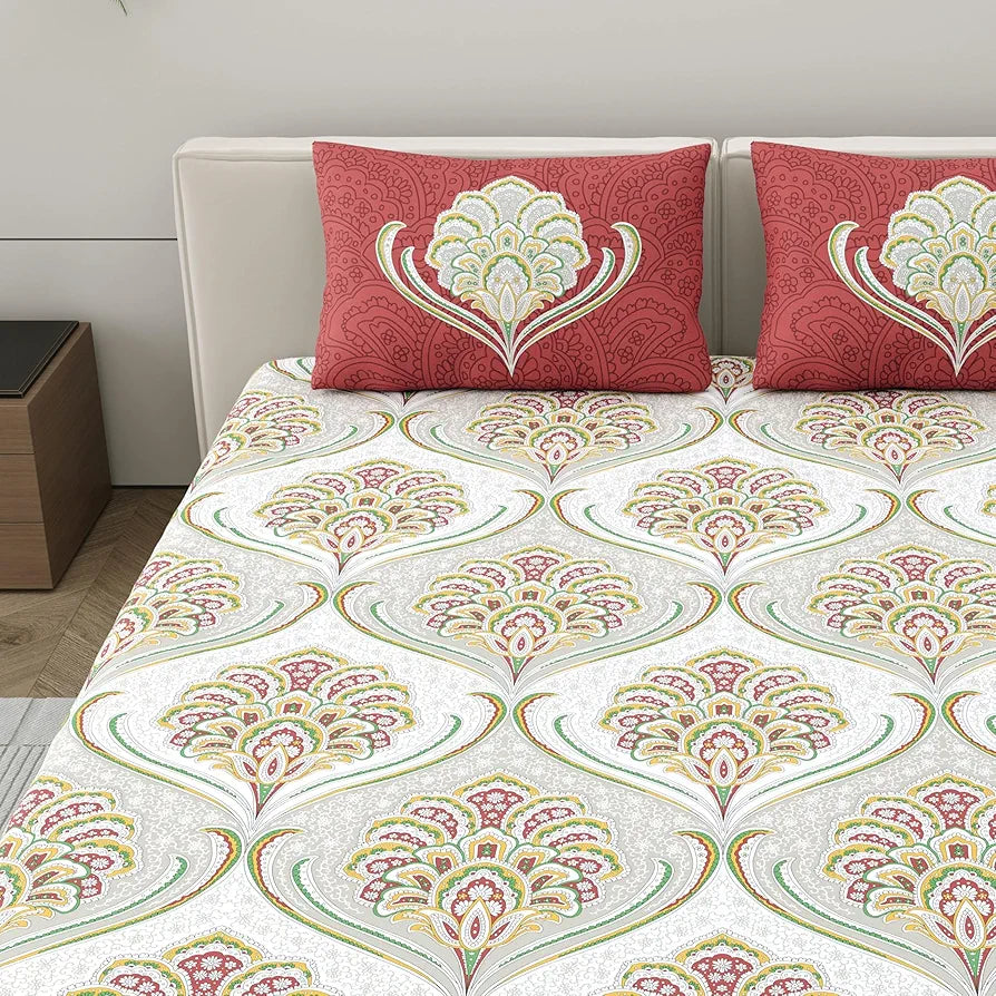 Dreamscape 100% Cotton King Fitted Printed Bedsheet with 2 Pillow Covers - 