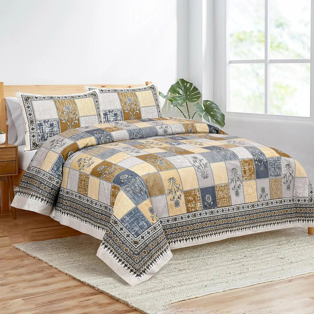Kuber Industries Double Bedsheet with 2 Pillow Covers | 160 TC Premium Cotton Bedsheet for Double Bed | Bedsheet for Living Room-Home & Hotels | Candy Flower | 100x108 Inch | Gray & Yellow