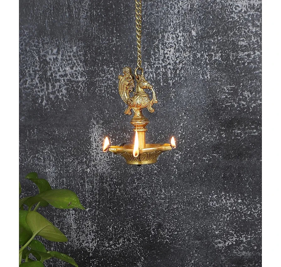 Two Moustaches Handmade Ethnic Peacock Design 5 Oil Wick Brass Hanging Diya, Brass Diyas for Decoration, Standard, Pack of 1