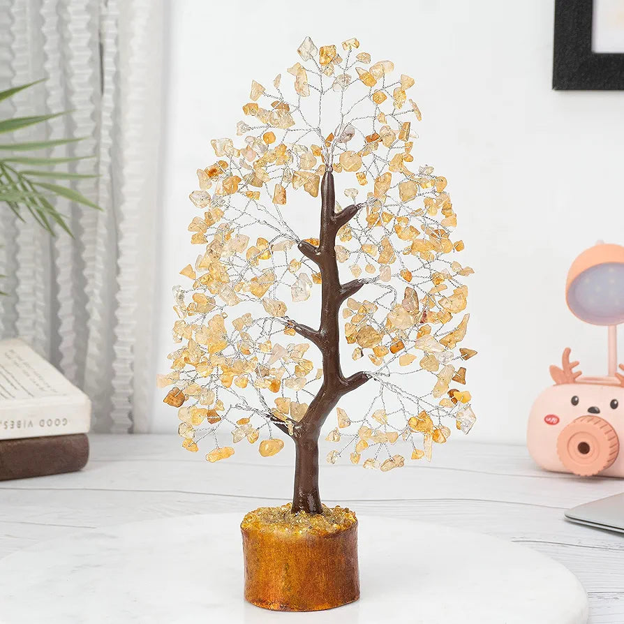 HindCraft Citrine Chakra Crystal Tree Good Luck Showpiece for Home Decor Items Crystals Gemstones Bonsai Money Tree for Good Luck, Decoration Gift Item, Silver Wire, 10-12 inch