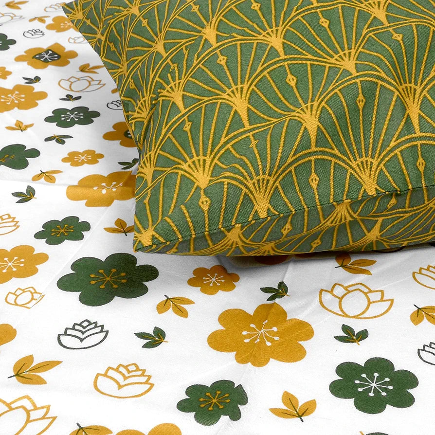Divine Casa Double Size Bedsheet for Double Bed, 144 TC Pure Cotton Queen Size with 2 Pillow Covers | 222 by 254 cm | Floral | Mustard Green