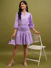 Vishudh Lavender Self Design Mandarin Collar Puff Sleeves Smocked A-Line Dress