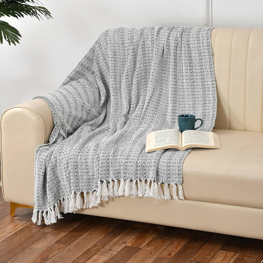 SASHAA WORLD Cotton Striped Super Soft & Breathable Throw Blanket | Black Throw Blanket | 200 x 150 cm-100 TC