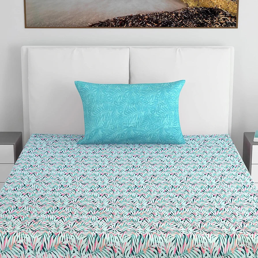 Divine Casa 144 TC 100% Pure Cotton Single Bedsheet with 1 Pillow Cover | Soft & Skin-Friendly Fabric for Everyday Comfort | All-Season Use | Size 223 X 145 CM | Floral Leaf Pattern | Soft Pink Blue