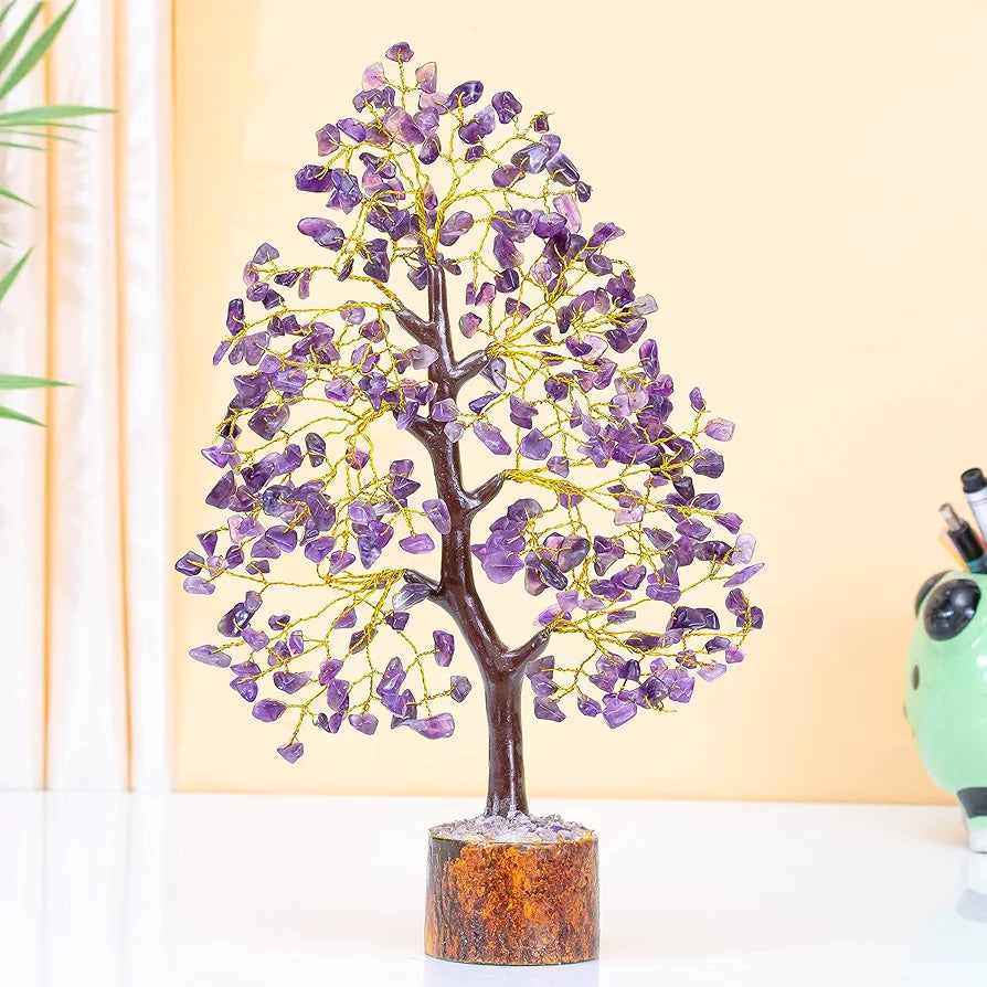 HindCraft Amethyst Chakra Crystal Tree Good Luck Showpiece for Home Decor Items Crystals Gemstones Bonsai Money Tree for Good Luck, Decoration Gift Item, Golden Wire, 10-12 inch