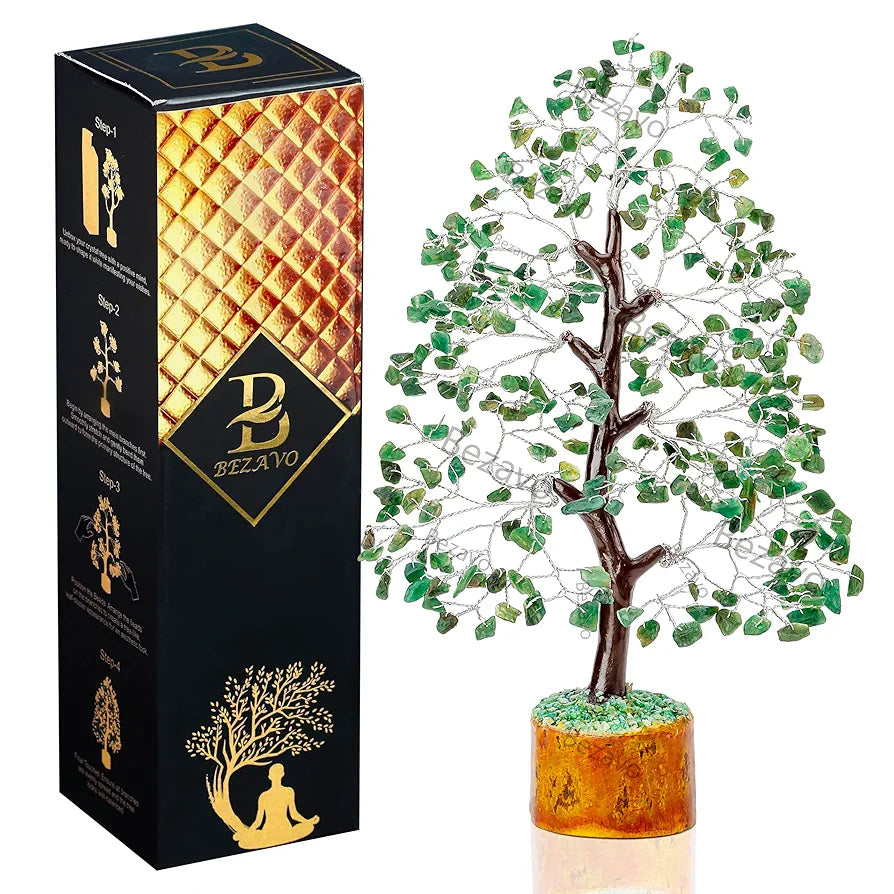 BEZAVO Green Aventurine Crystal Tree – Healing Good Luck Tree for Home & Office | Feng Shui Tree for Prosperity & Positive Energy | Ideals Gift for Men & Women – Birthday & Anniversary 