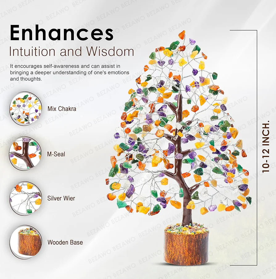 BEZAVO Mix Chakra Crystal Tree – Artificial Feng Shui Good Luck Tree for Prosperity | Decorative Tree for Living Room & Office | Ideal Gift for Men & Women – Wedding, Anniversary & Birthday