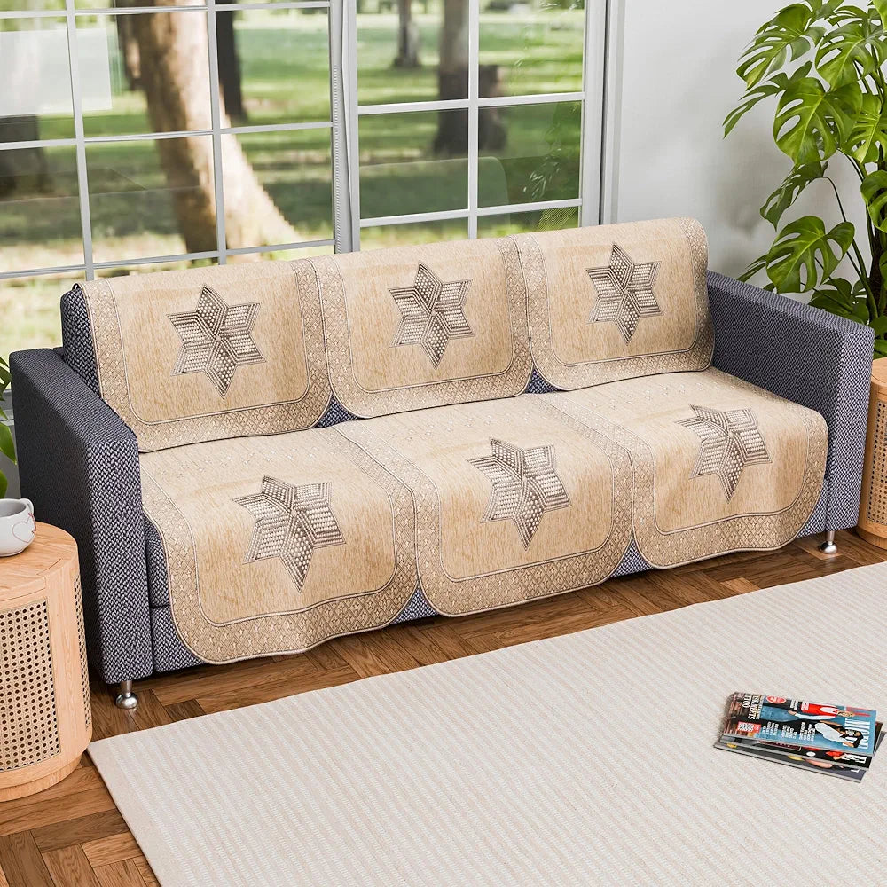 Kuber Industries Set of 6 Durable 3 Seater Sofa Cover for Living Room | Easy Machine Washable SOFE ke Cover for Protection & Comfort for Home Furniture | Star Print - Cream & Brown