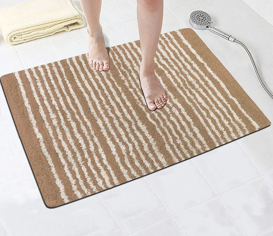 THE HOME TALK Cotton Morocco Door mat | Water Absorbent | Striped Rugs | Floor Mats for Kitchen, Bathroom & Sink | Ultra Soft Mats | Non-Slip | 40 x 60cm | Natural & Beige