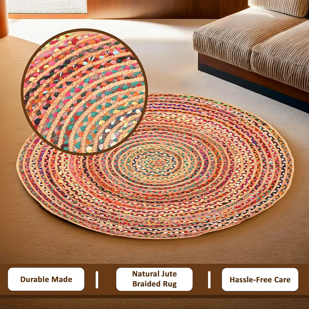 Kuber Industries 4x4 Feet Satranji Doubling Round Jute Rug & Carpet for Home & Bedroom | Aesthetic Floor Rugs for Living Room | Lines - Pink