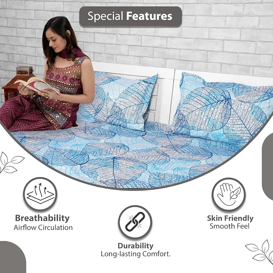 Divine Casa 100% Cotton 144 TC King Size Bedsheet with 2 Pillow Covers | 270 by 270 cm | Light Blue | Floral
