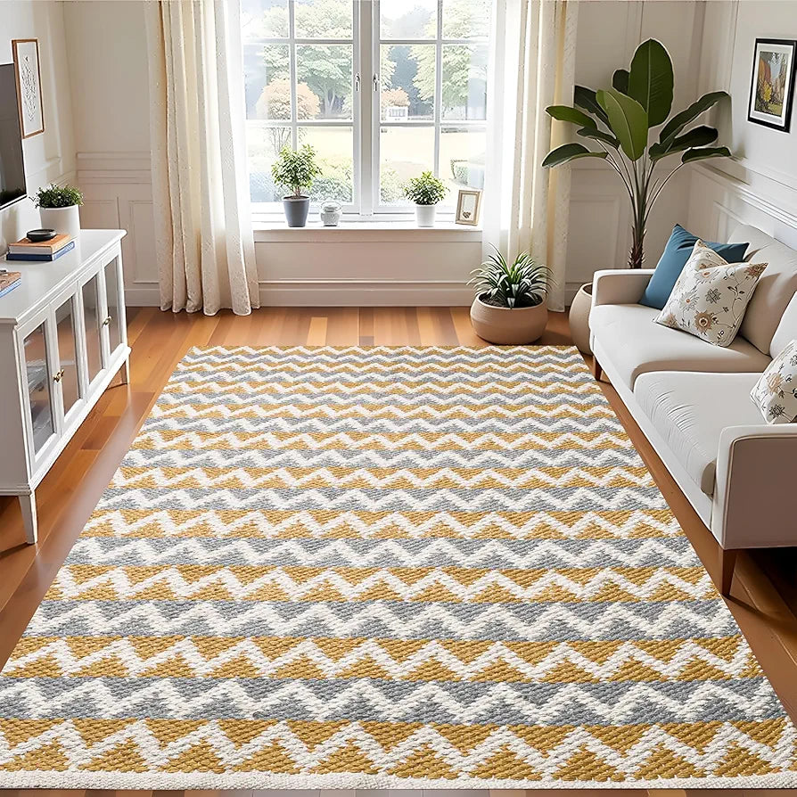 SAJAVAT HOME Cotton Rectangular Floor Rug | Tuscan Sun Yellow & Grey Area Rug for Living Room, Bedroom, and Home Decor | Hand Woven & Reversible Design | 3x5 Feet  | Pack of 1