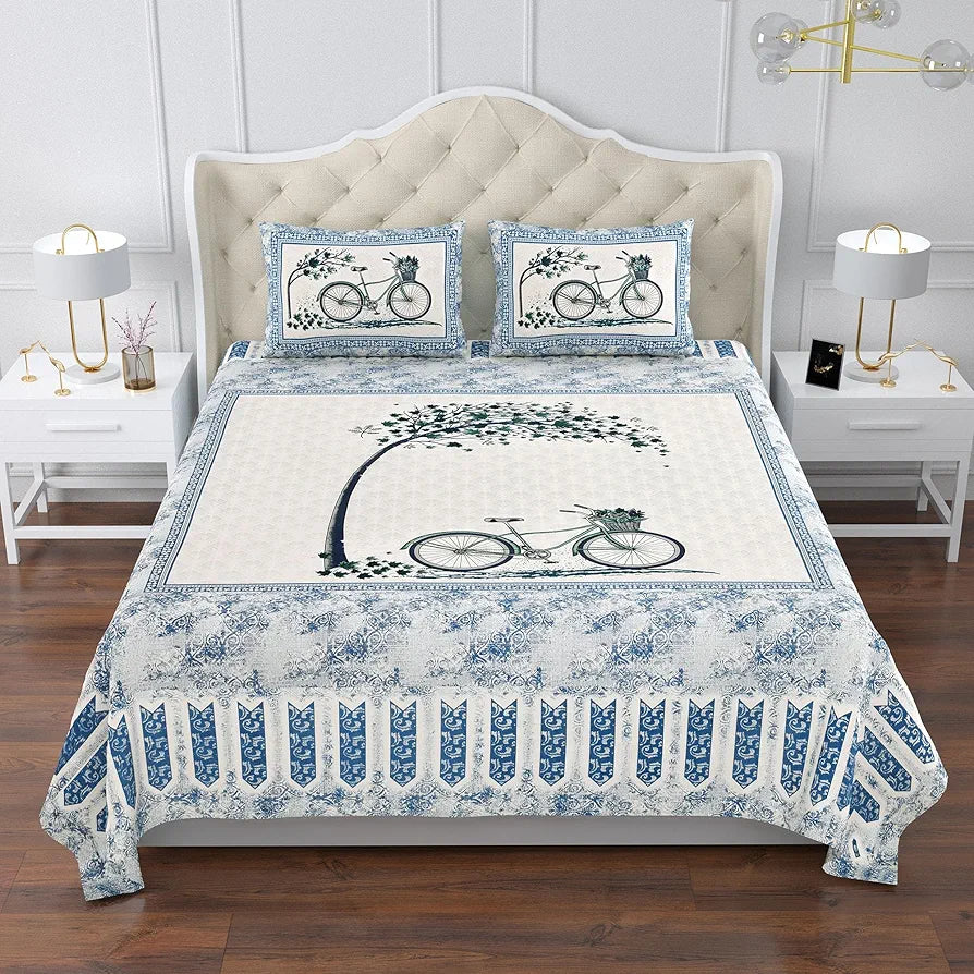 Kuber Industries Double Bedsheet with 2 Pillow Covers | 160 TC Premium Cotton Bedsheet for Double Bed | Bedsheet for Living Room-Home & Hotels | Photo Frame Cycle | 100x108 Inch | Blue