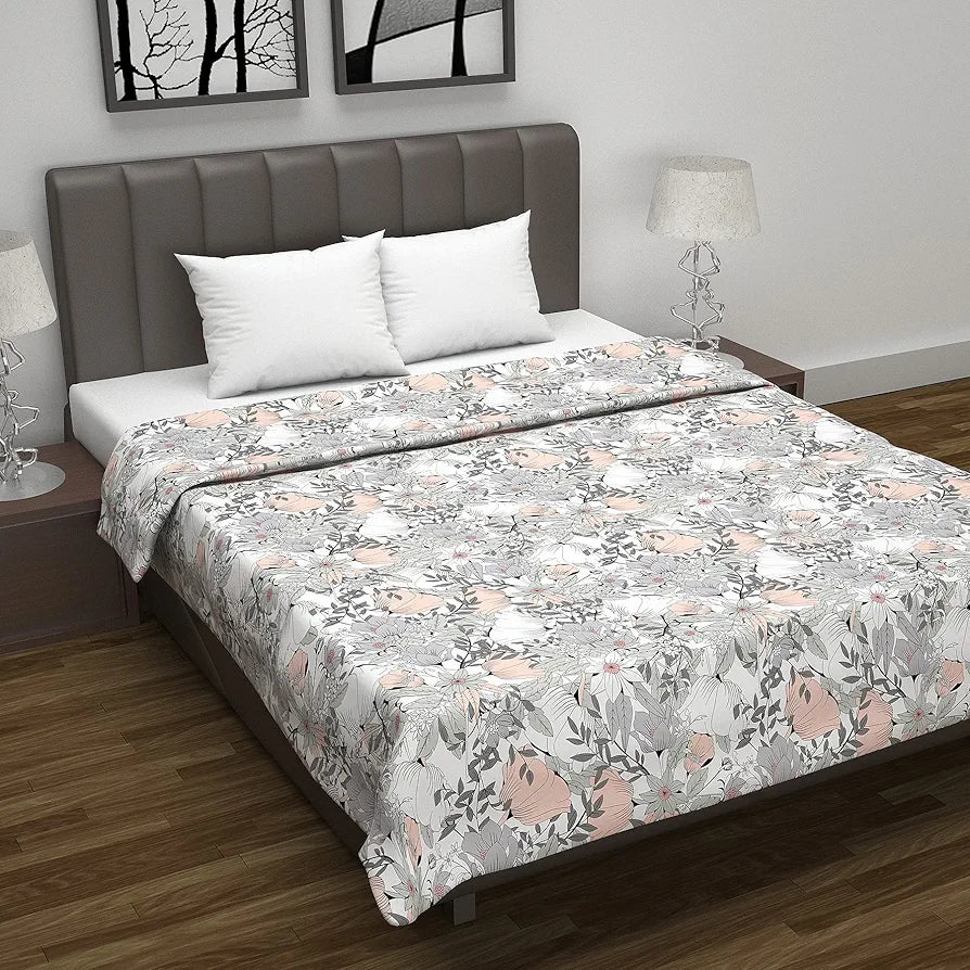 Divine Casa 100% Cotton Reversible Double Bed Dohar | Soft & Lightweight AC Blanket | Summer Quilt | 220 x 205 CM, Floristry Slate & Coral