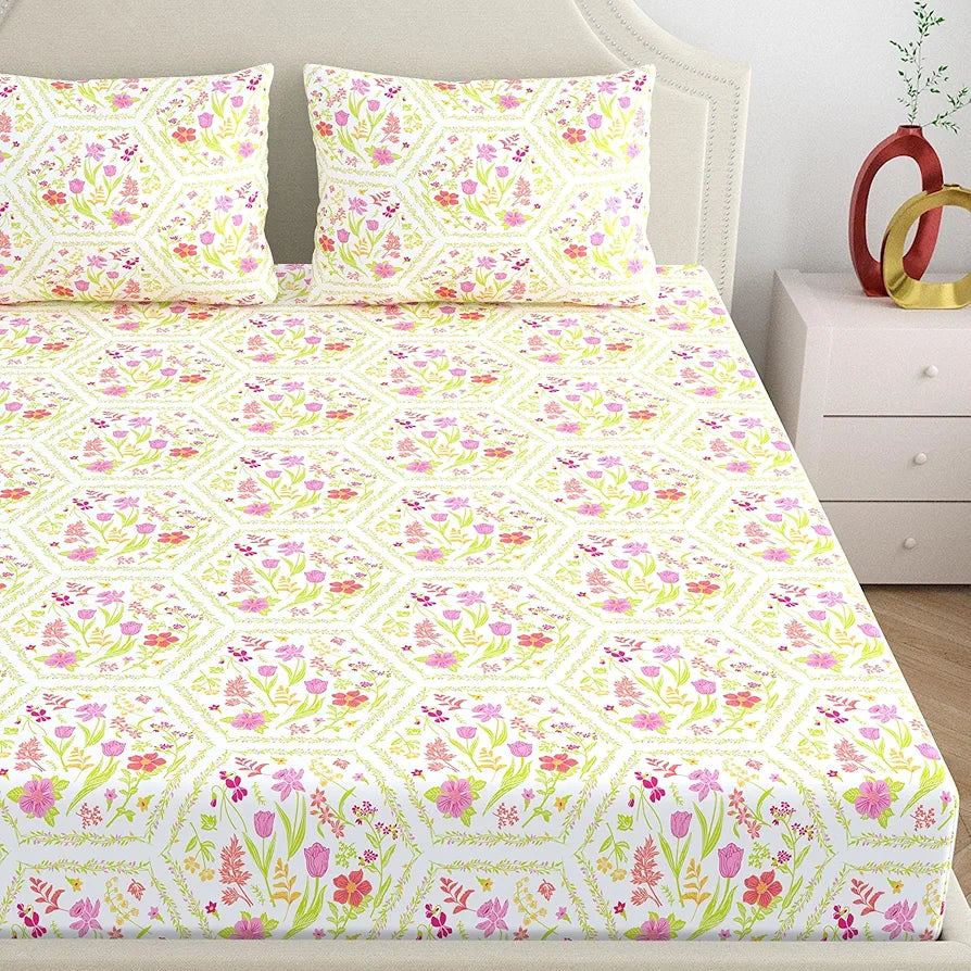 Dreamscape 100% Cotton King Fitted Bedsheet with 2 Pillow Covers - 