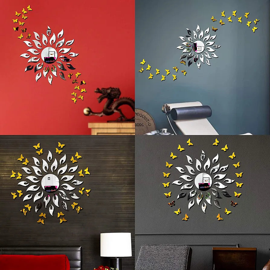 Bikri Kendra - Art BK1OLK Sun Silver with 20 Butterfly Golden - 3D Acrylic Mirror Wall Sticker
