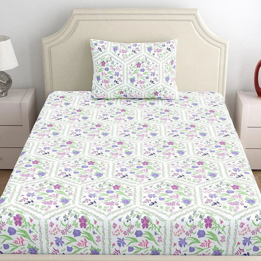 Dreamscape 100% Cotton Single Bedsheet with 1 Pillow Cover - 