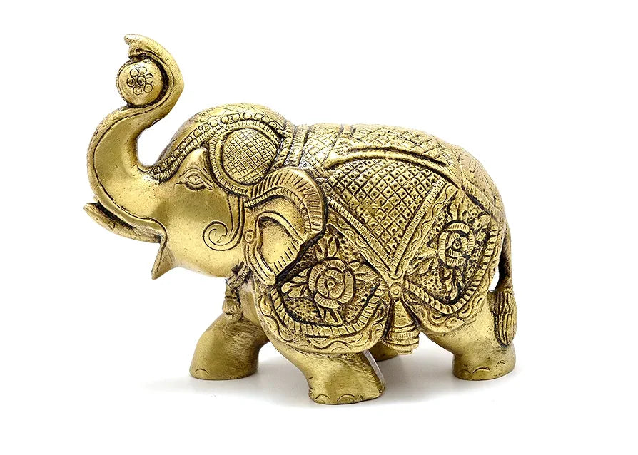Two Moustaches Maharaja Elephant Design Brass Showpiece, Brass Showpieces for Home Decor, Elephant Idol, Housewarming Gifts, Antique Yellow, 