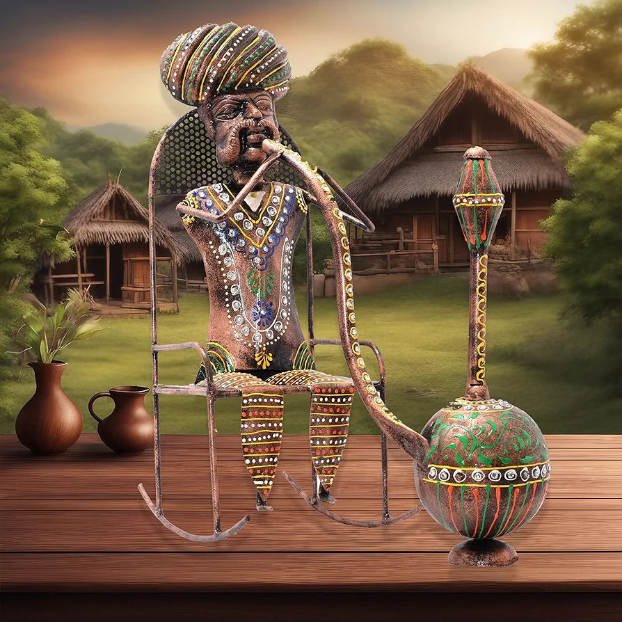 Kraftskala Ethinc Villager on Chair 16 inch Large Metal Decor Showpiece for Living Room Showcase, Tabletop Decor, Traditional Rajasthani Decorative Showpiece