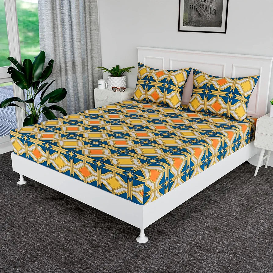 Kuber Industries Double Bedsheet | Premium Cotton 120 TC Bedsheet with 2 Pillow Covers for Living Room and Bedroom| Zig Zag-Design | 90X108 Inch | Green & Orange