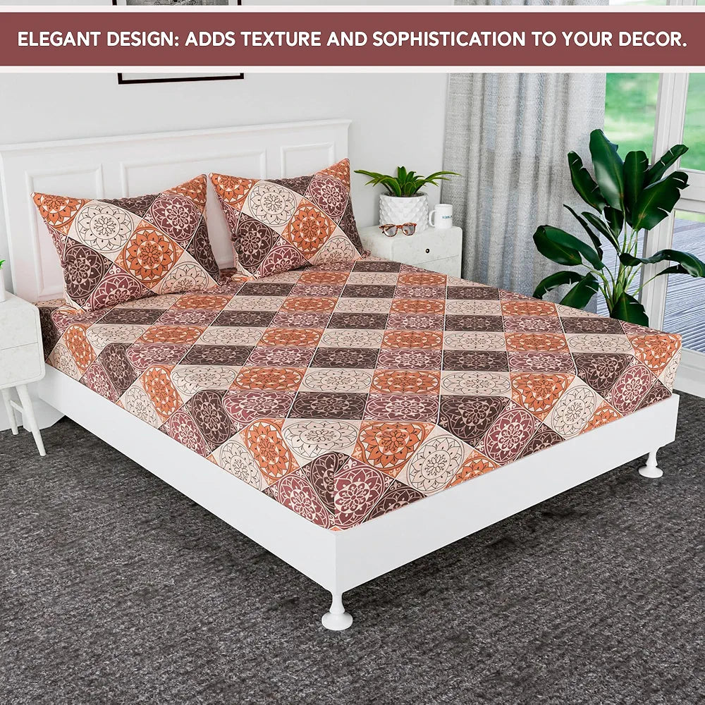 Kuber Industries Cotton Fitted Bedsheets For Double Bed With 2 Pillow Covers Included - 72x78 Inch Size & Rangoli Pattern Bedspread - Brown