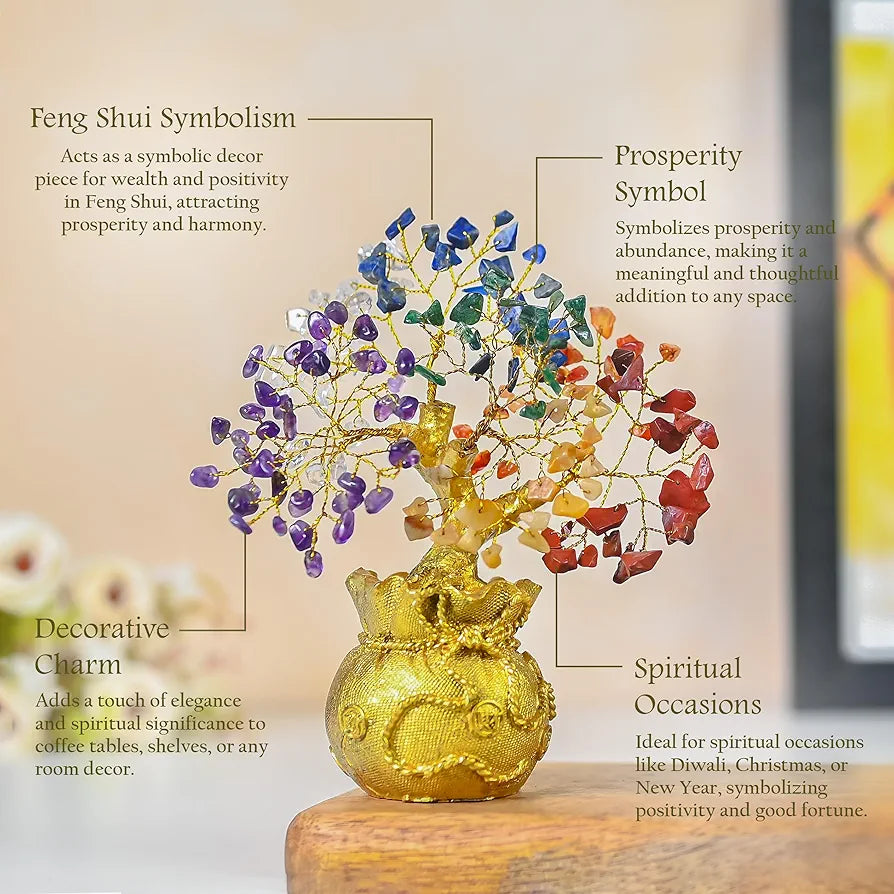 ZAICUS Lucky Feng Shui 7 Chakra Tree with Golden Money Bag Base - Healing Crystal Gemstone Bonsai Tree for Wealth, Prosperity, Positive Energy, and Home Decor, Good Luck Gift - 