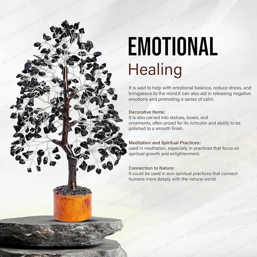 BEZAVO Black Tourmaline Crystal Tree – Healing Money Tree for Feng Shui | Artificial Plant for Home & Office Decoration for Men & Women 
