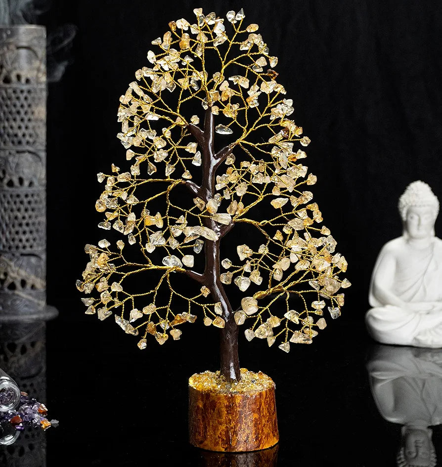 HindCraft Citrine Gemstone Crystal Tree Good Luck Showpiece for Home Decor Items Crystals Gemstones Bonsai Money Tree for Good Luck, Decoration Gift Item, Golden Wire, 10-12 inch
