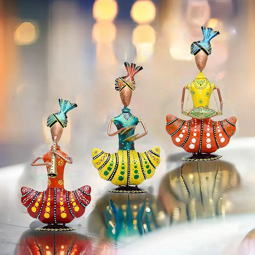 Kraftskala Metal Figurines for Home Decor, Traditional Rajasthani Musicians Pack of 3 Statues Home Decor Items for Living Room, Indoors 