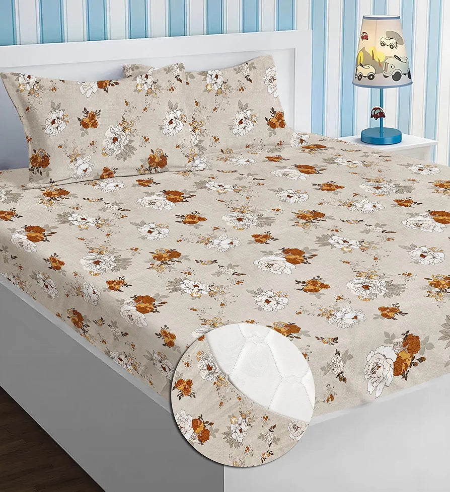 HOMEKART Premium Cotton Elastic Fitted Bedsheets with 2 King Size Pillow Covers Double Bed with All Around Elastic Supersoft Size - 72 x 78 +10 inches Flower Print Beige and Brown 200 tc - 220 tc