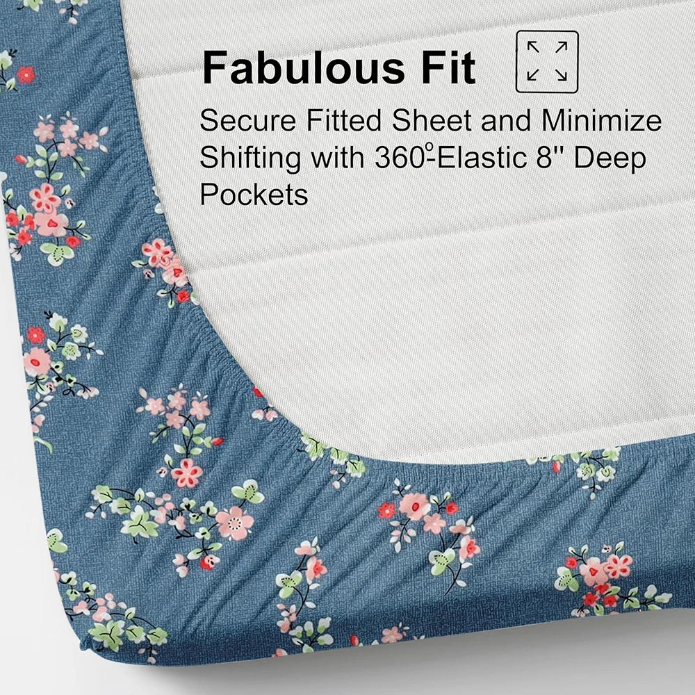 FRESH FROM LOOM Anti Fade Floral Print 240 TC Microfiber King Size Fitted Bedsheet with 2 Pillow Covers  | Greyish-Blue)